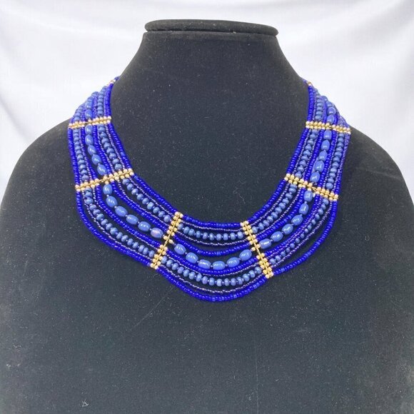 Cobalt Blue & Gold Bib Style Multi Strand Princess Necklace Boho Tribal 18"L - Picture 1 of 5